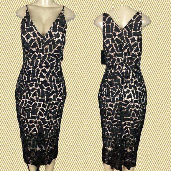 Xscape 8 Black/Nude Geometric Lace V-Neckline Sheer Hemline Midi Evening Dress - Picture 1 of 6